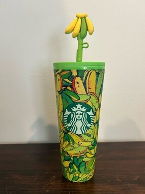 Starbucks Green & Yellow Banana Pattern Tumbler with Banana Top Straw